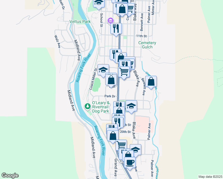 map of restaurants, bars, coffee shops, grocery stores, and more near 1605 Grand Avenue in Glenwood Springs