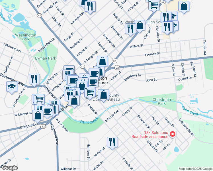 map of restaurants, bars, coffee shops, grocery stores, and more near 321 East East Street in Washington Court House