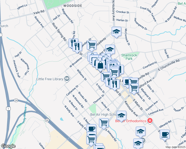 map of restaurants, bars, coffee shops, grocery stores, and more near 129 Wallace Street in Bel Air