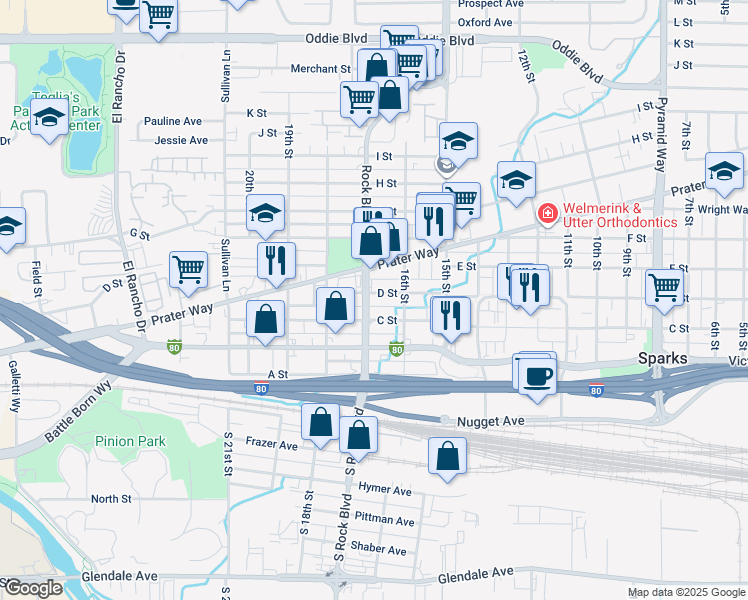 map of restaurants, bars, coffee shops, grocery stores, and more near 1617 D Street in Sparks