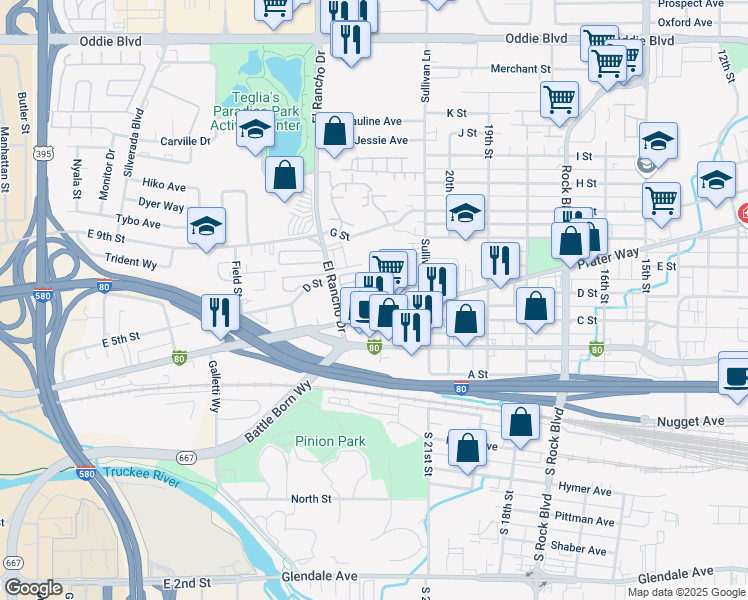 map of restaurants, bars, coffee shops, grocery stores, and more near 2190 Prater Way in Sparks