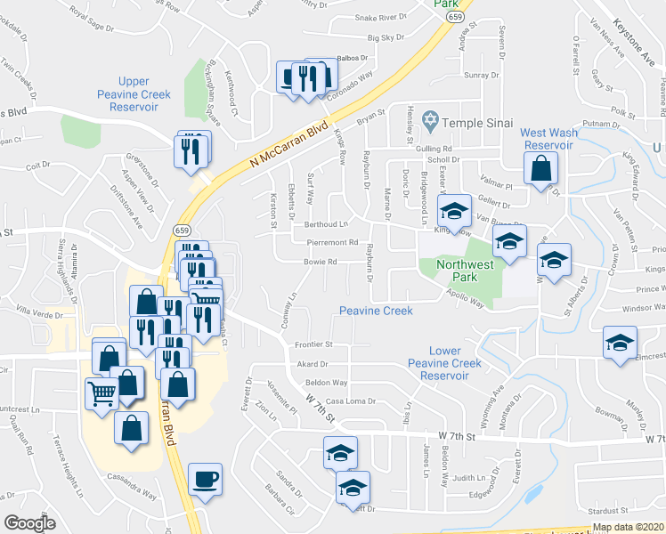 map of restaurants, bars, coffee shops, grocery stores, and more near 1285 Freddie Court in Reno