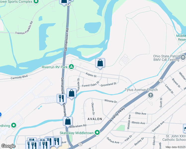map of restaurants, bars, coffee shops, grocery stores, and more near 2605 Carmody Boulevard in Middletown