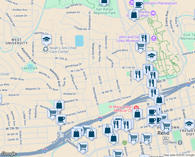 map of restaurants, bars, coffee shops, grocery stores, and more near 1053 Ralston Street in Reno