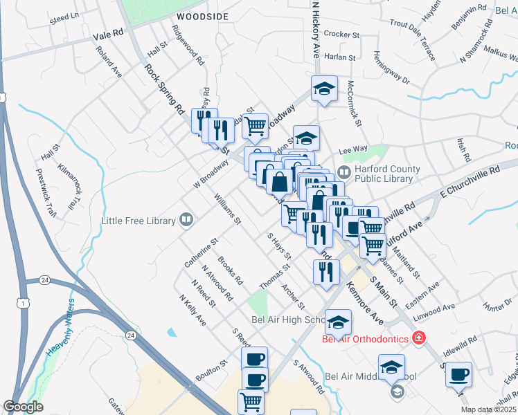 map of restaurants, bars, coffee shops, grocery stores, and more near 129 Wallace Street in Bel Air