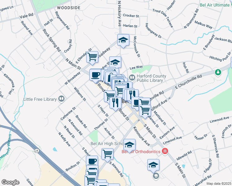 map of restaurants, bars, coffee shops, grocery stores, and more near 16 North Main Street in Bel Air