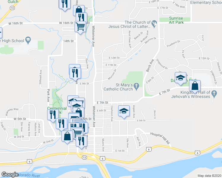 map of restaurants, bars, coffee shops, grocery stores, and more near 491 Harmony Drive in Rifle