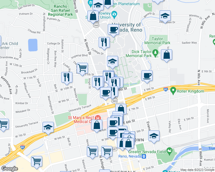 map of restaurants, bars, coffee shops, grocery stores, and more near 22 West 10th Street in Reno