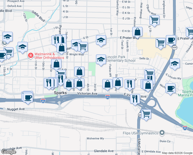 map of restaurants, bars, coffee shops, grocery stores, and more near 330 3rd Street in Sparks