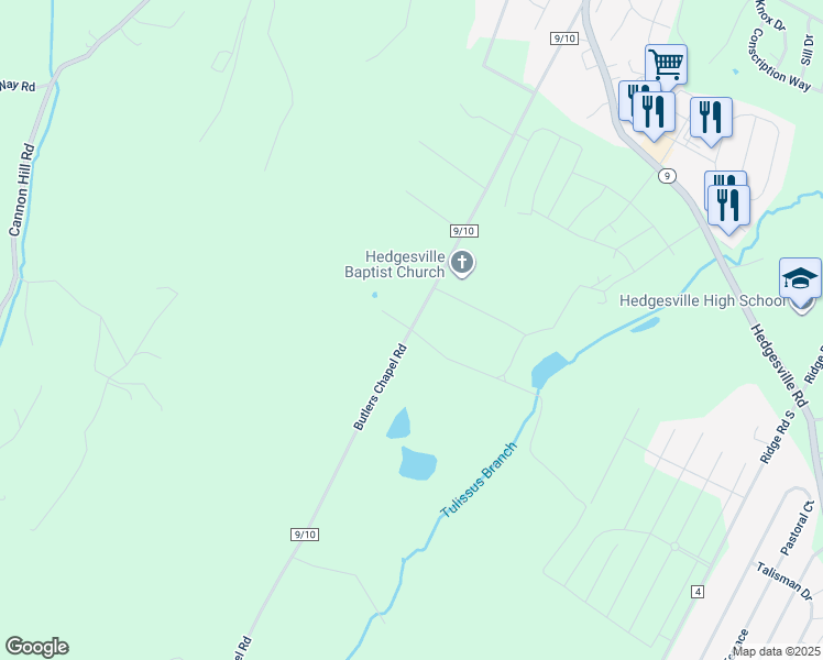 map of restaurants, bars, coffee shops, grocery stores, and more near 2540 Butlers Chapel Road in Martinsburg