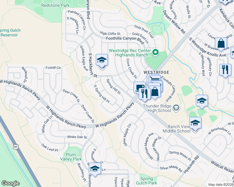 map of restaurants, bars, coffee shops, grocery stores, and more near 9825 Spring Hill Street in Littleton