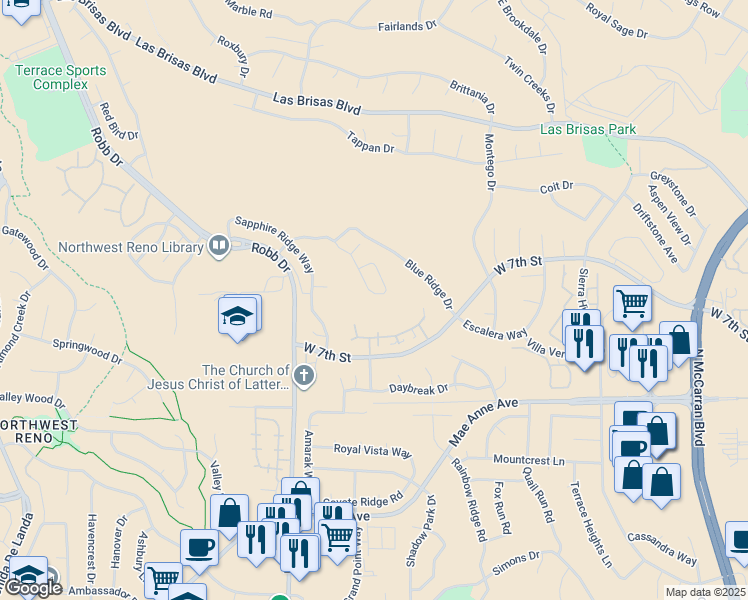 map of restaurants, bars, coffee shops, grocery stores, and more near 5820 Blue Canyon Drive in Reno