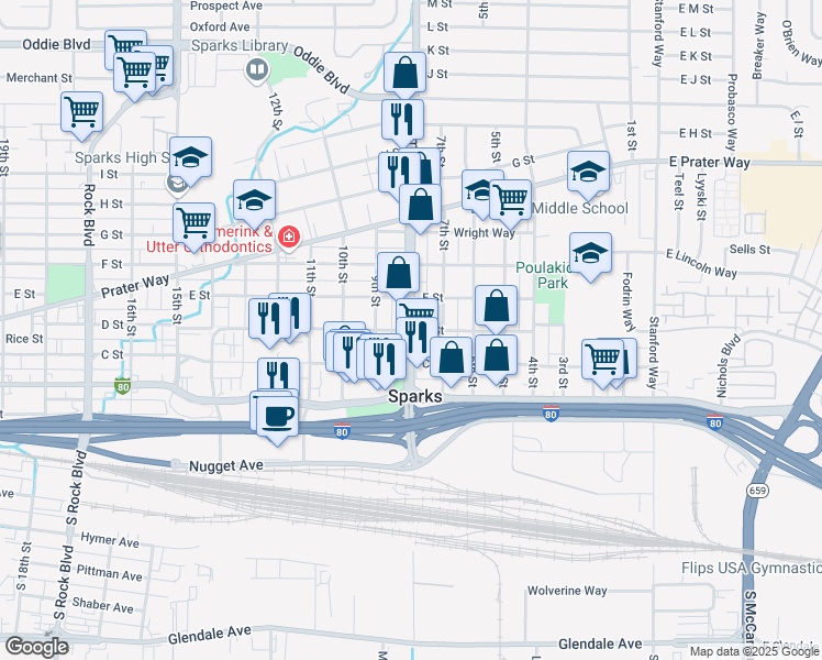 map of restaurants, bars, coffee shops, grocery stores, and more near 400 Pyramid Way in Sparks