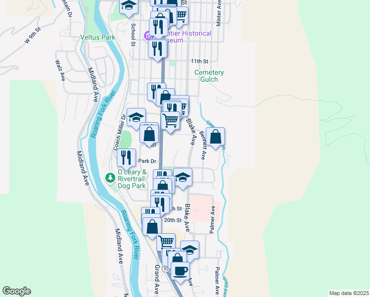 map of restaurants, bars, coffee shops, grocery stores, and more near 1527 Blake Avenue in Glenwood Springs