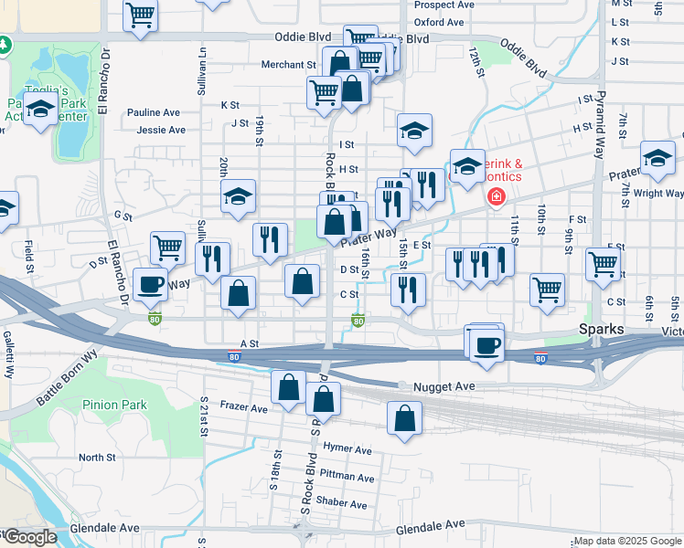 map of restaurants, bars, coffee shops, grocery stores, and more near 1617 D Street in Sparks