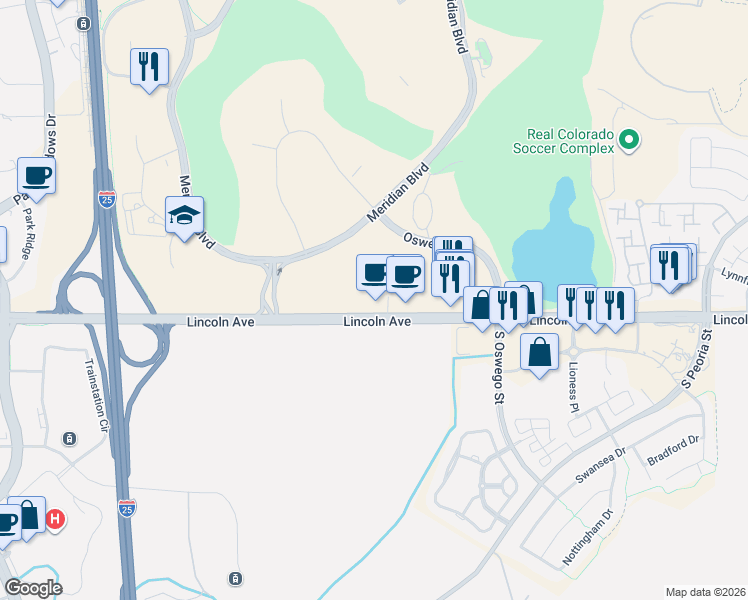 map of restaurants, bars, coffee shops, grocery stores, and more near 9846 Zenith Meridian Drive in Englewood