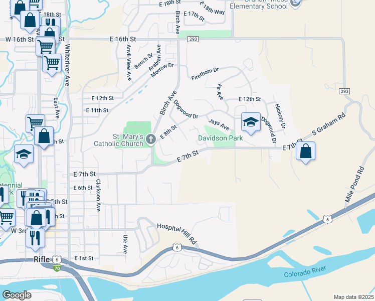 map of restaurants, bars, coffee shops, grocery stores, and more near 1312 East 7th Street in Rifle