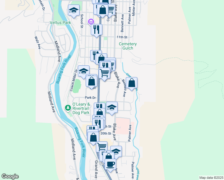 map of restaurants, bars, coffee shops, grocery stores, and more near 1527 Blake Avenue in Glenwood Springs