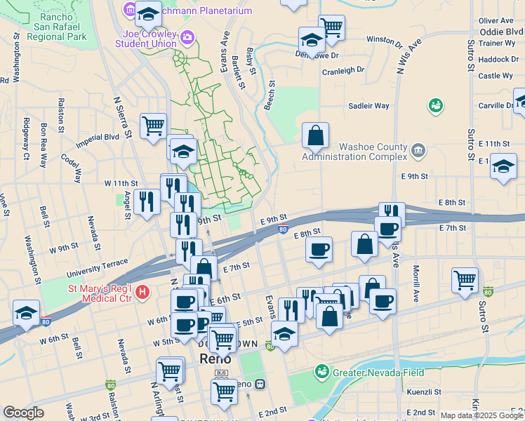map of restaurants, bars, coffee shops, grocery stores, and more near 945 Record Street in Reno
