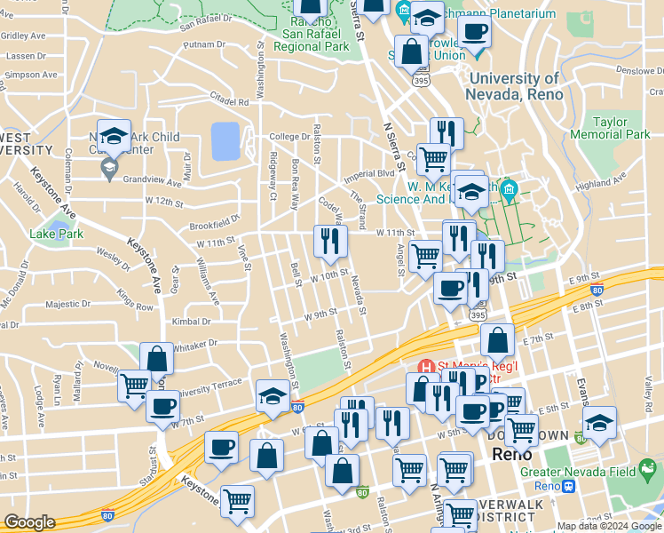 map of restaurants, bars, coffee shops, grocery stores, and more near 1022 Ralston Street in Reno