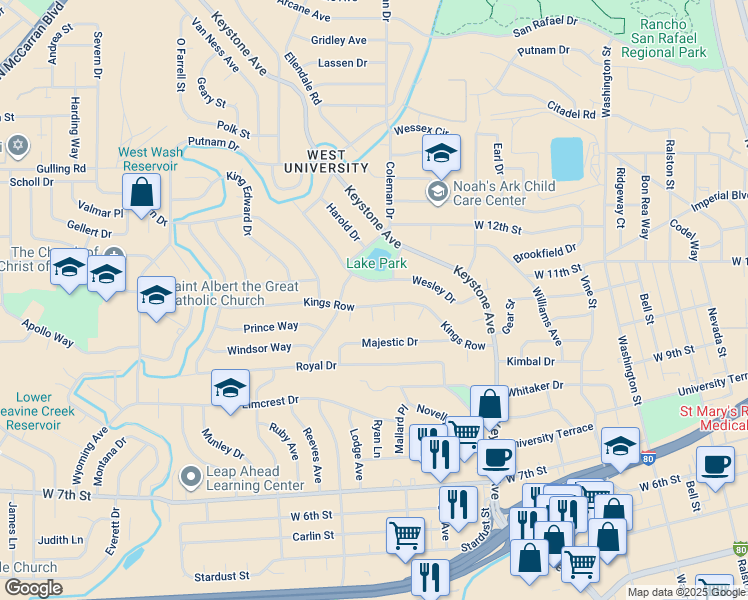 map of restaurants, bars, coffee shops, grocery stores, and more near 1585 Kings Row in Reno
