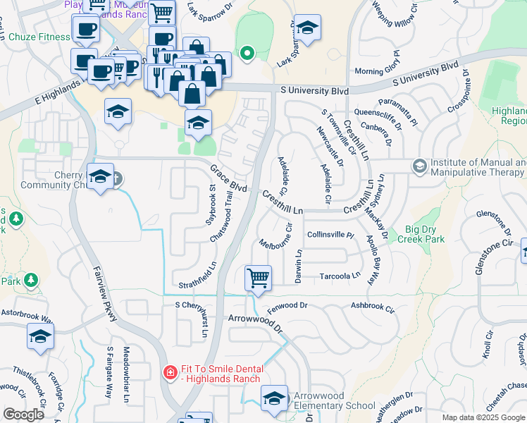 map of restaurants, bars, coffee shops, grocery stores, and more near 4582 Melbourne Way in Littleton