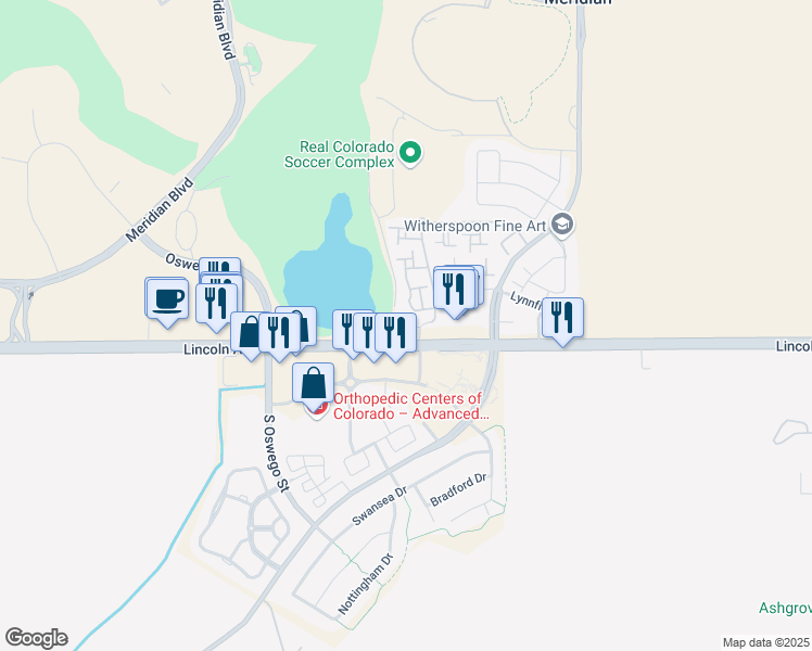 map of restaurants, bars, coffee shops, grocery stores, and more near 9875 Jefferson Parkway in Englewood