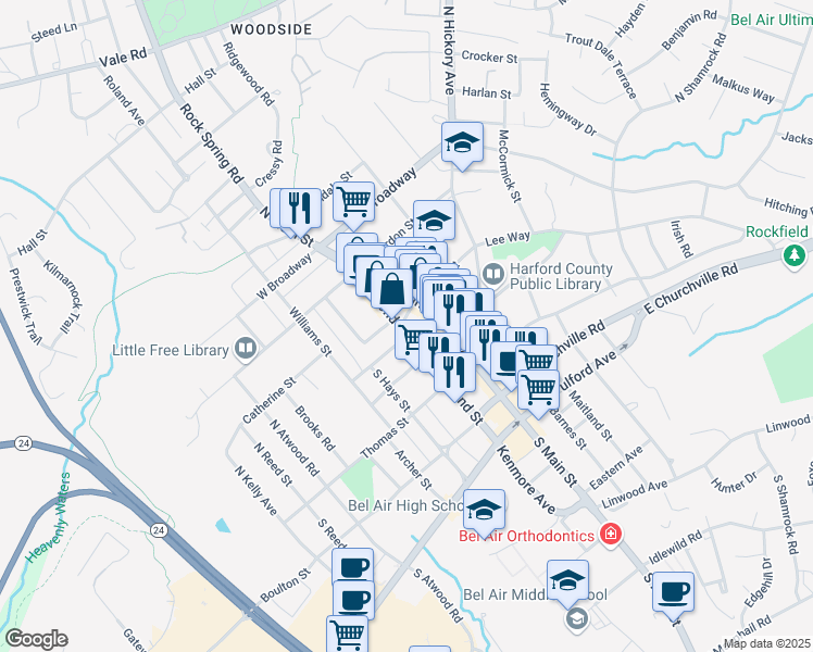 map of restaurants, bars, coffee shops, grocery stores, and more near 23 West Lee Street in Bel Air
