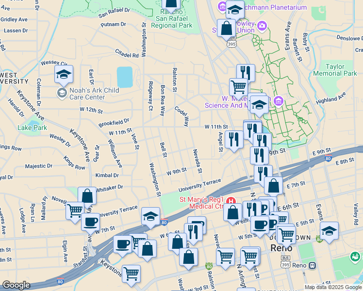 map of restaurants, bars, coffee shops, grocery stores, and more near 1012 Ralston Street in Reno