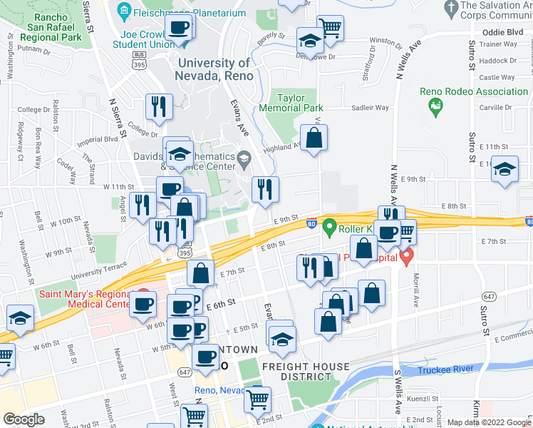 map of restaurants, bars, coffee shops, grocery stores, and more near 945 Record Street in Reno