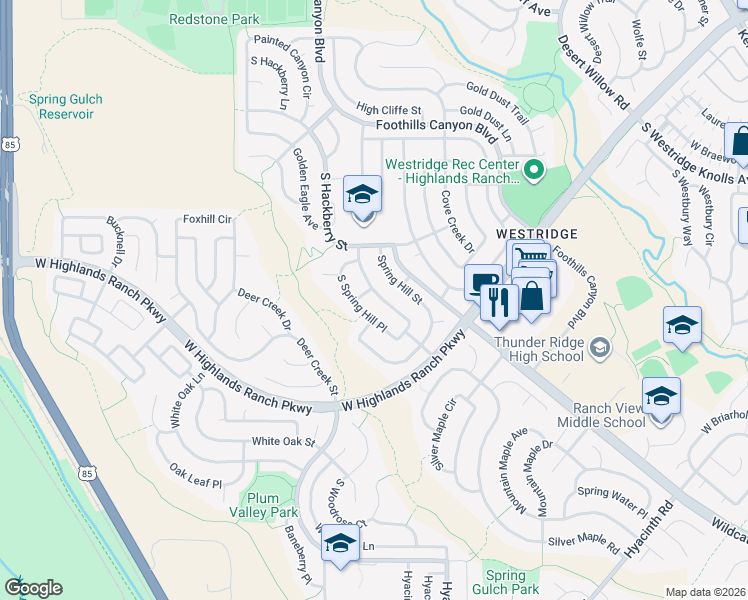 map of restaurants, bars, coffee shops, grocery stores, and more near 9829 Spring Hill Drive in Littleton
