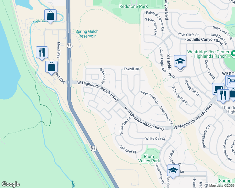 map of restaurants, bars, coffee shops, grocery stores, and more near 3471 Foxhill Court in Littleton