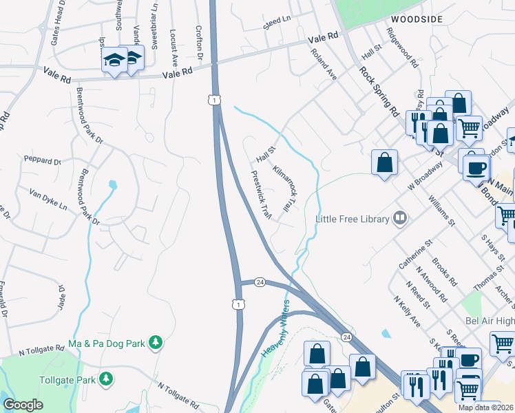 map of restaurants, bars, coffee shops, grocery stores, and more near 630 Prestwick Trail in Bel Air