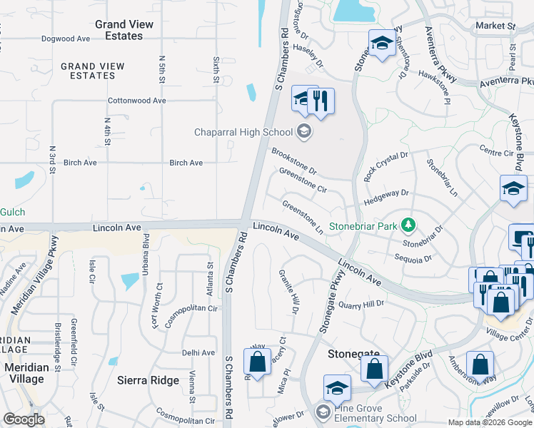map of restaurants, bars, coffee shops, grocery stores, and more near 15338 Greenstone Circle in Parker