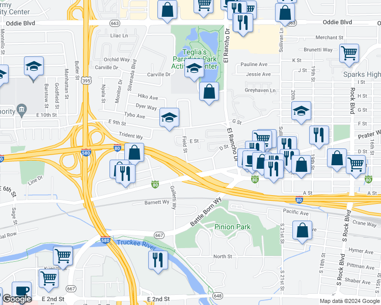 map of restaurants, bars, coffee shops, grocery stores, and more near 428 Field Street in Sparks
