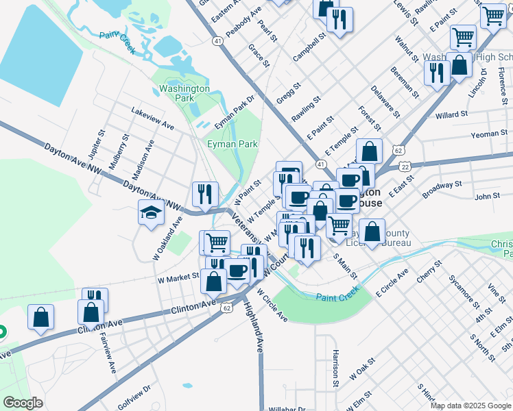 map of restaurants, bars, coffee shops, grocery stores, and more near 311 North Hinde Street in Washington Court House