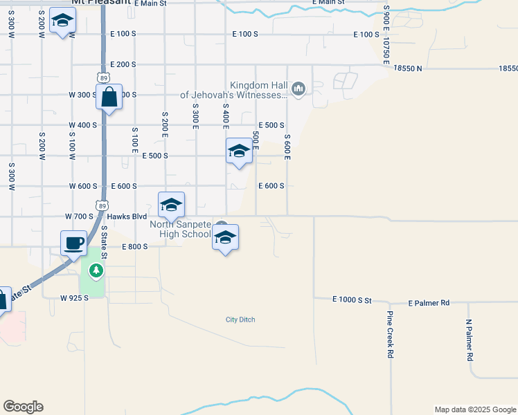 map of restaurants, bars, coffee shops, grocery stores, and more near 675 South 500 East Street in Mount Pleasant