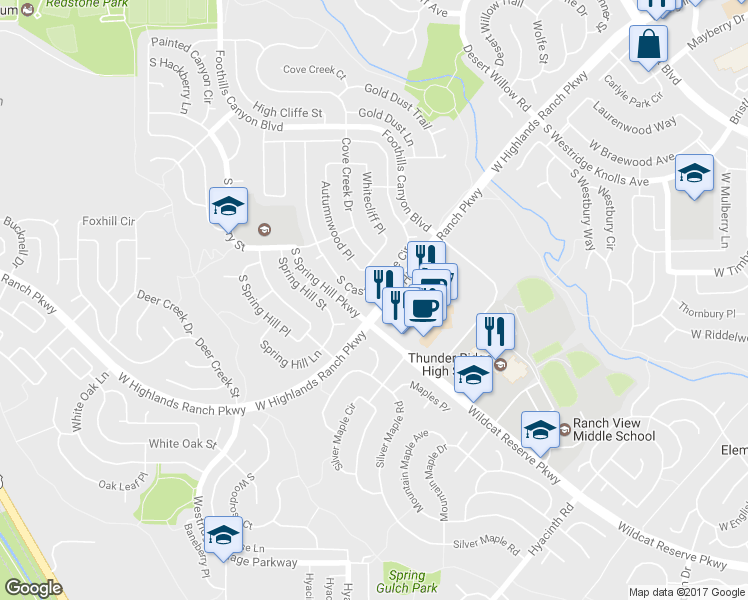 map of restaurants, bars, coffee shops, grocery stores, and more near 9872 West Castle Ridge Court in Littleton