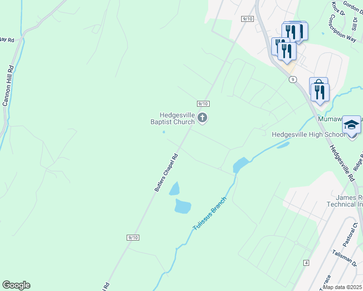 map of restaurants, bars, coffee shops, grocery stores, and more near 2540 Butlers Chapel Road in Martinsburg
