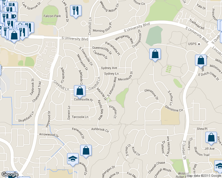 map of restaurants, bars, coffee shops, grocery stores, and more near 9865 South Atherton Way in Littleton