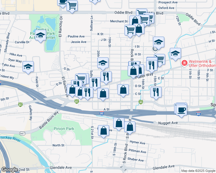 map of restaurants, bars, coffee shops, grocery stores, and more near 1915 Prater Way in Sparks