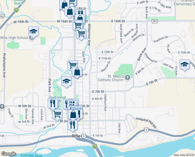 map of restaurants, bars, coffee shops, grocery stores, and more near 814 Munro Avenue in Rifle