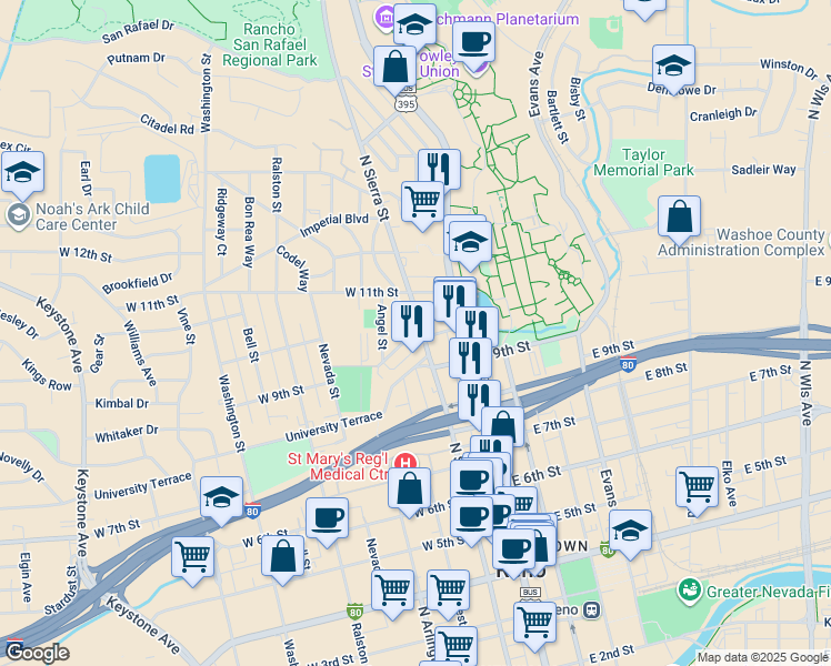 map of restaurants, bars, coffee shops, grocery stores, and more near 1001 North Sierra Street in Reno