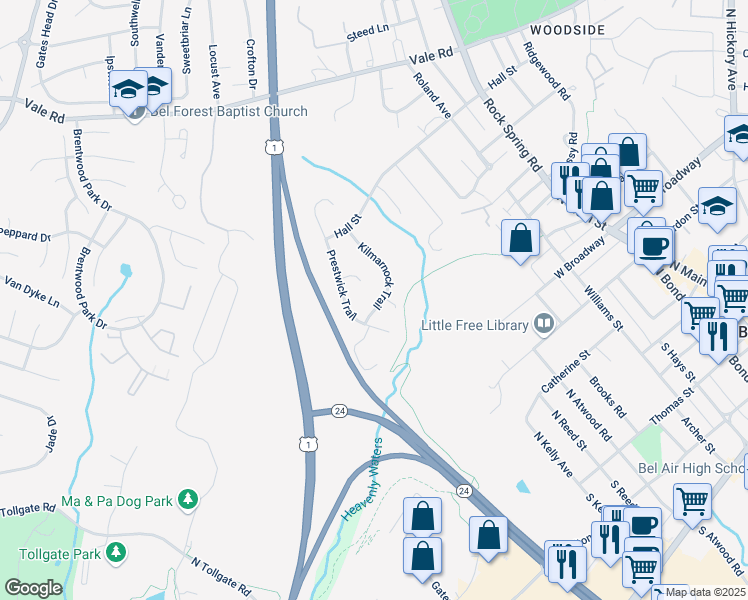 map of restaurants, bars, coffee shops, grocery stores, and more near 606 Kilmarnock Trail in Bel Air