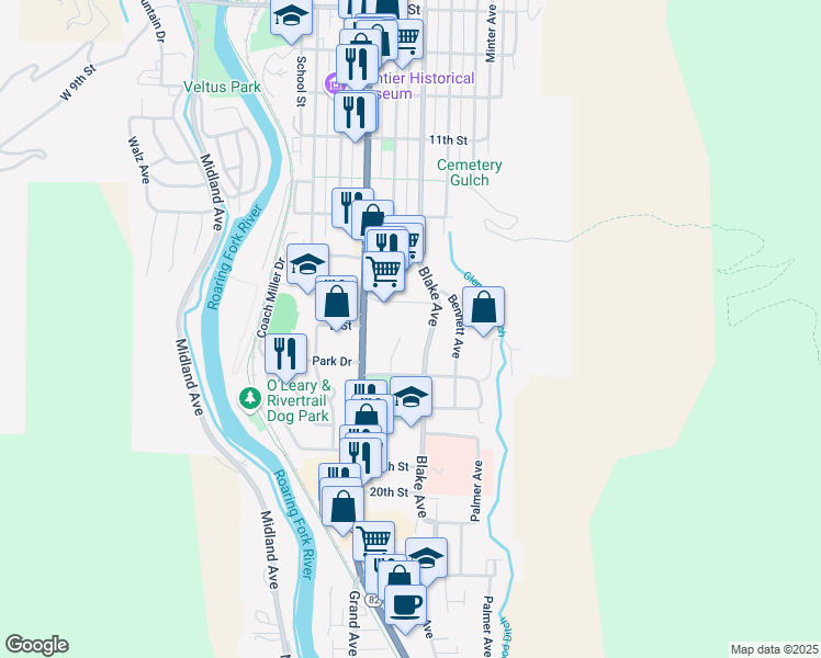 map of restaurants, bars, coffee shops, grocery stores, and more near 1527 Blake Avenue in Glenwood Springs