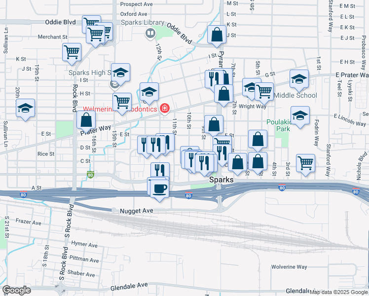 map of restaurants, bars, coffee shops, grocery stores, and more near 402 10th Street in Sparks