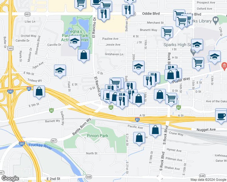 map of restaurants, bars, coffee shops, grocery stores, and more near 2190 Prater Way in Sparks