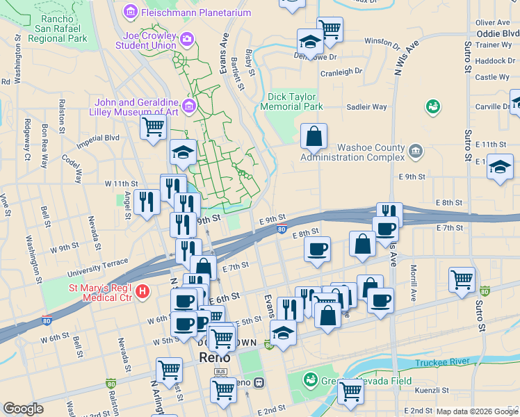 map of restaurants, bars, coffee shops, grocery stores, and more near 945 Record Street in Reno