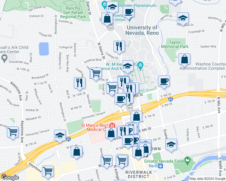 map of restaurants, bars, coffee shops, grocery stores, and more near 1015 North Sierra Street in Reno