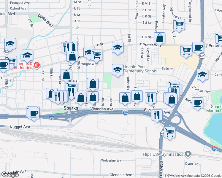 map of restaurants, bars, coffee shops, grocery stores, and more near 409 3rd Street in Sparks